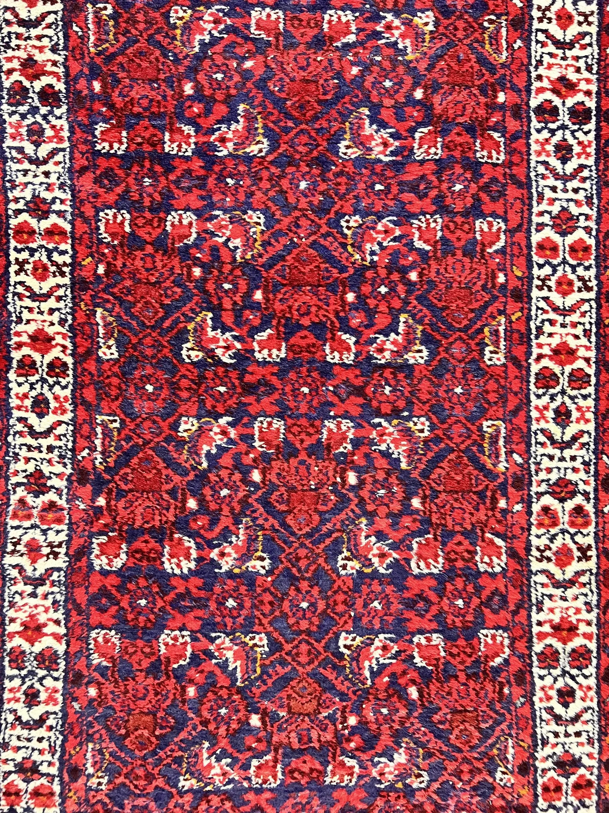 Persian Tribal Runner 3 x 9, Hamadan Dargazin Rug, Dark Blue and Red Wool Hand Knotted Hallway Rug, Vintage Antique Oriental Runner, 9ft Long Runner, Herati by Jewel Rugs