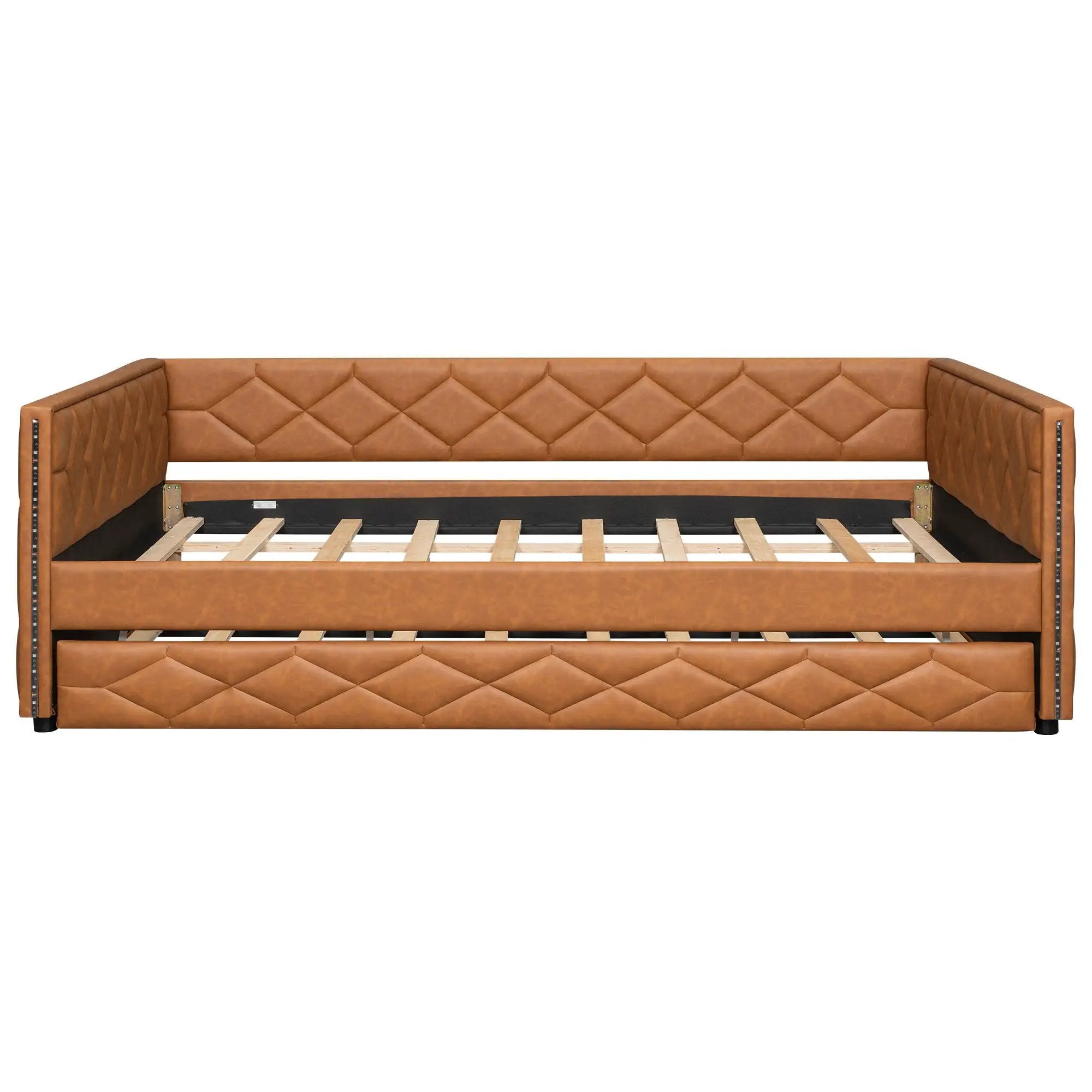 Upholstered Full Long Daybed With Trundle And LED Armrests - Brown
