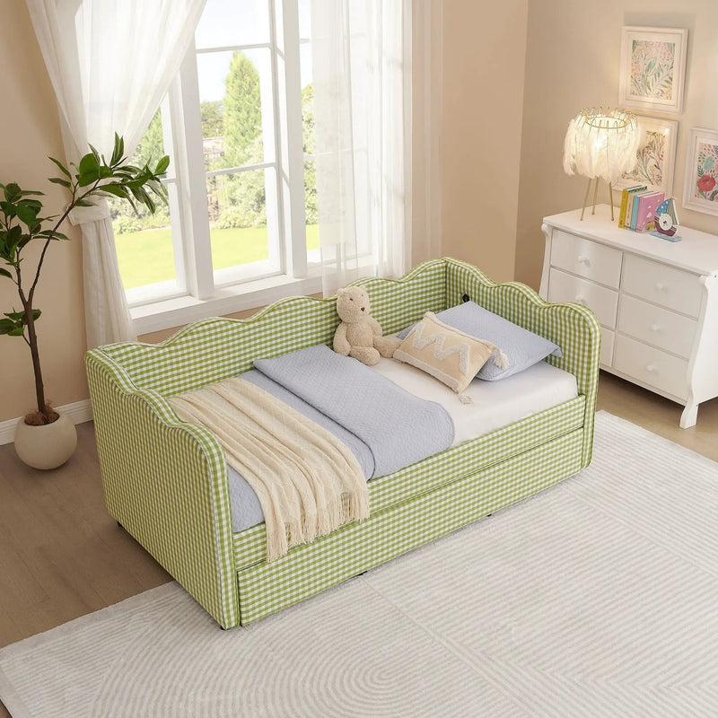 Gingham Daybed With USB Charging Port, Wave-Shaped Design by Unique Piece Furniture
