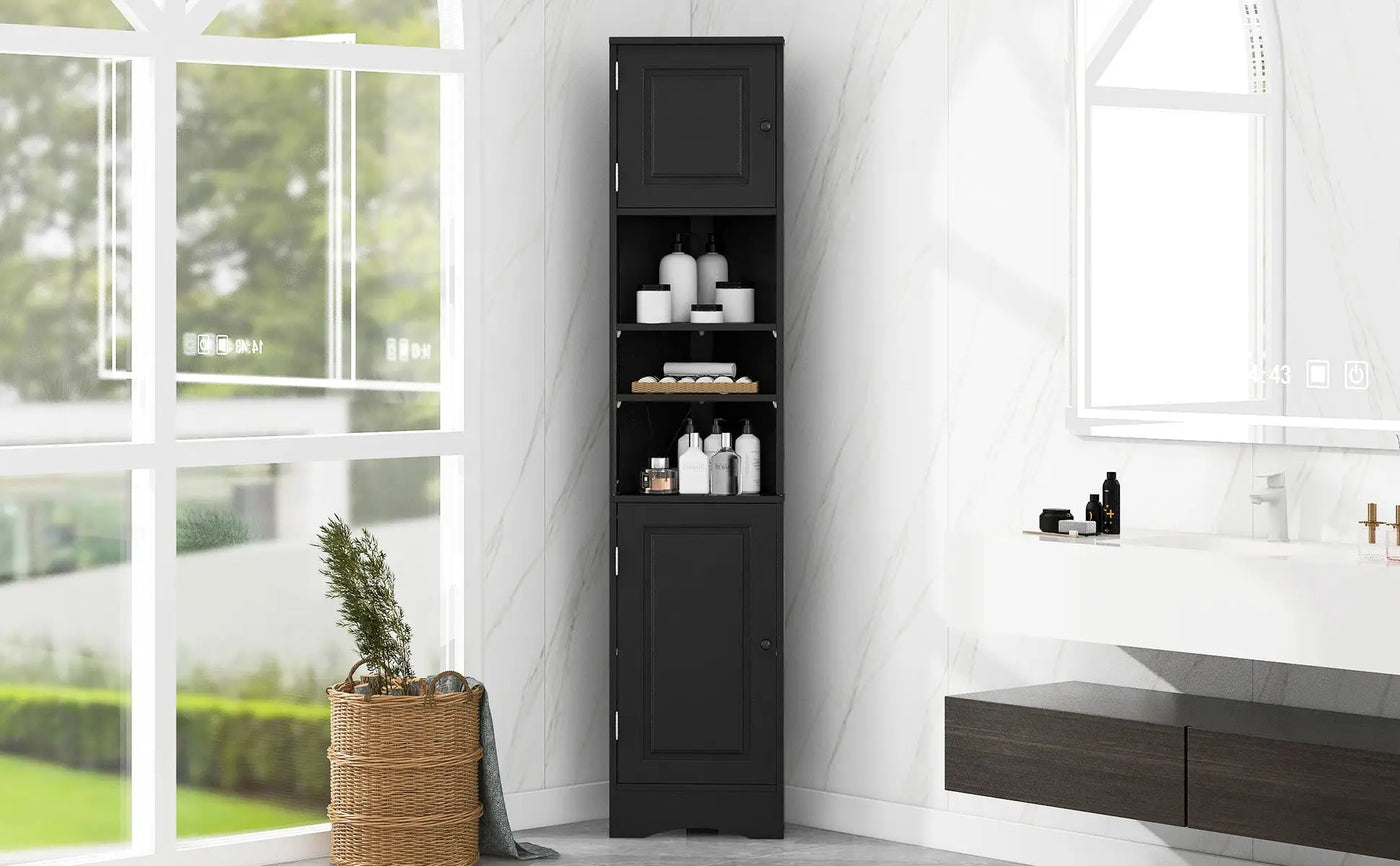 Multi-Functional Corner Cabinet Tall Bathroom Storage Cabinet with Two Doors and Adjustable Shelves, Open Shelf by HouseOfZazla
