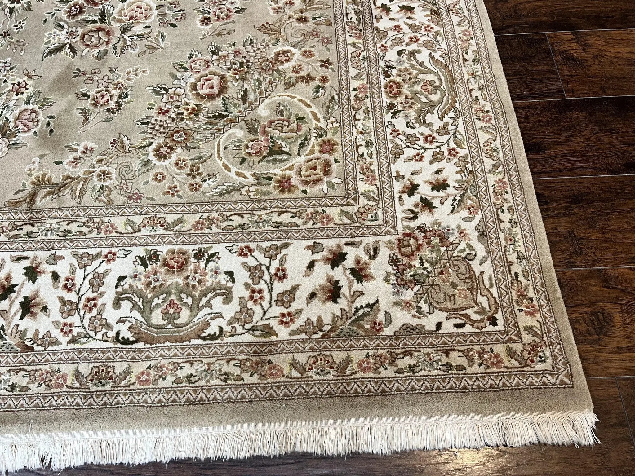 Sino Persian Rug 8x10, Soft Wool, Silk Highlights, Hand Knotted Vintage Carpet, Taupe & Ivory, Floral, Traditional Rug 8 x 10 by Jewel Rugs