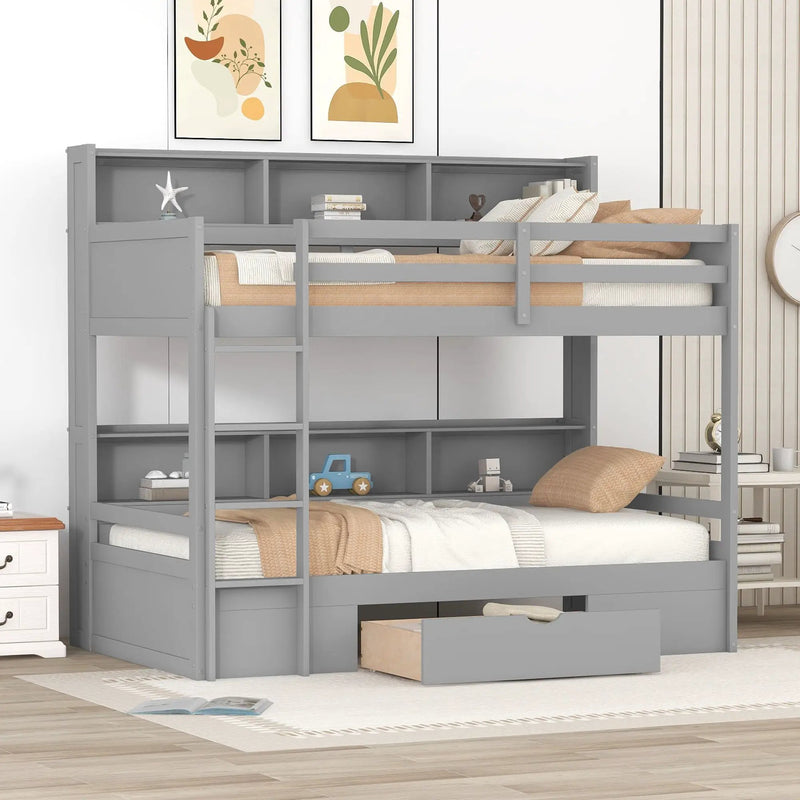 Twin Size Bunk Bed With Built-In Shelves Beside Both Upper And Down Bed And Storage Drawer by Unique Piece Furniture