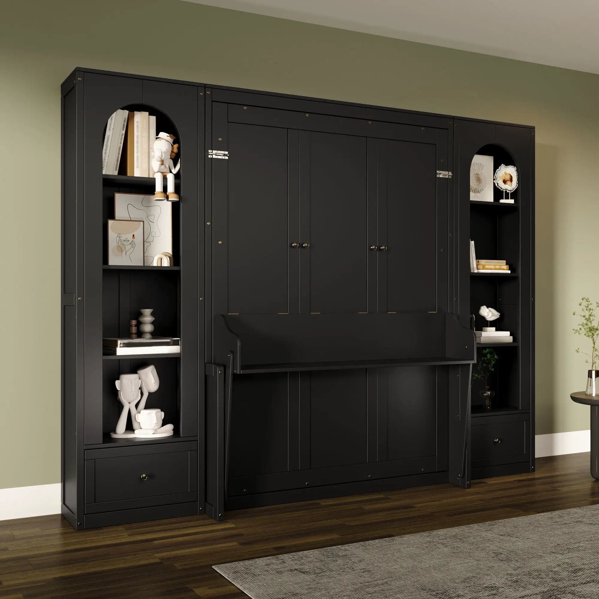 French Style Murphy Platform Bed With Shelf, Side Cabinets, Drawers And LED by Unique Piece Furniture