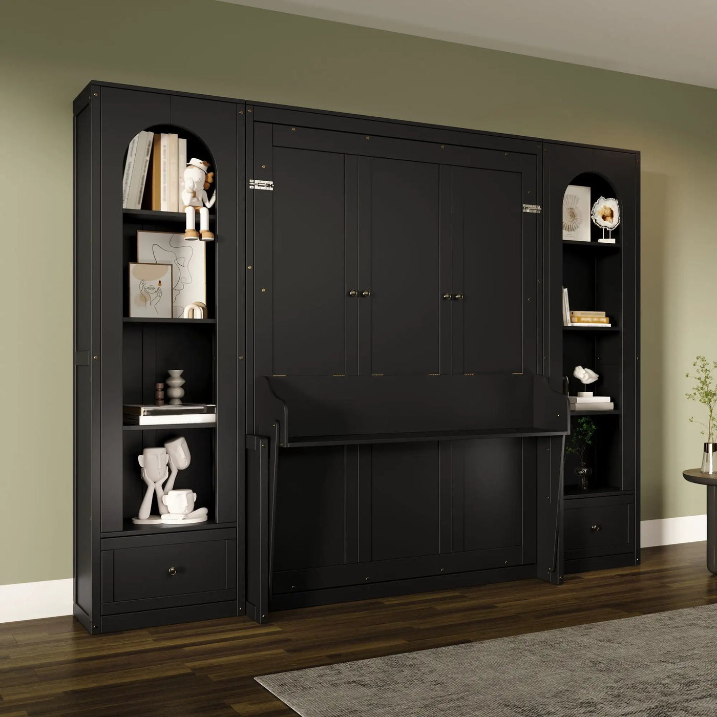 French Style Murphy Platform Bed With Shelf, Side Cabinets, Drawers And LED by HouseOfZazla