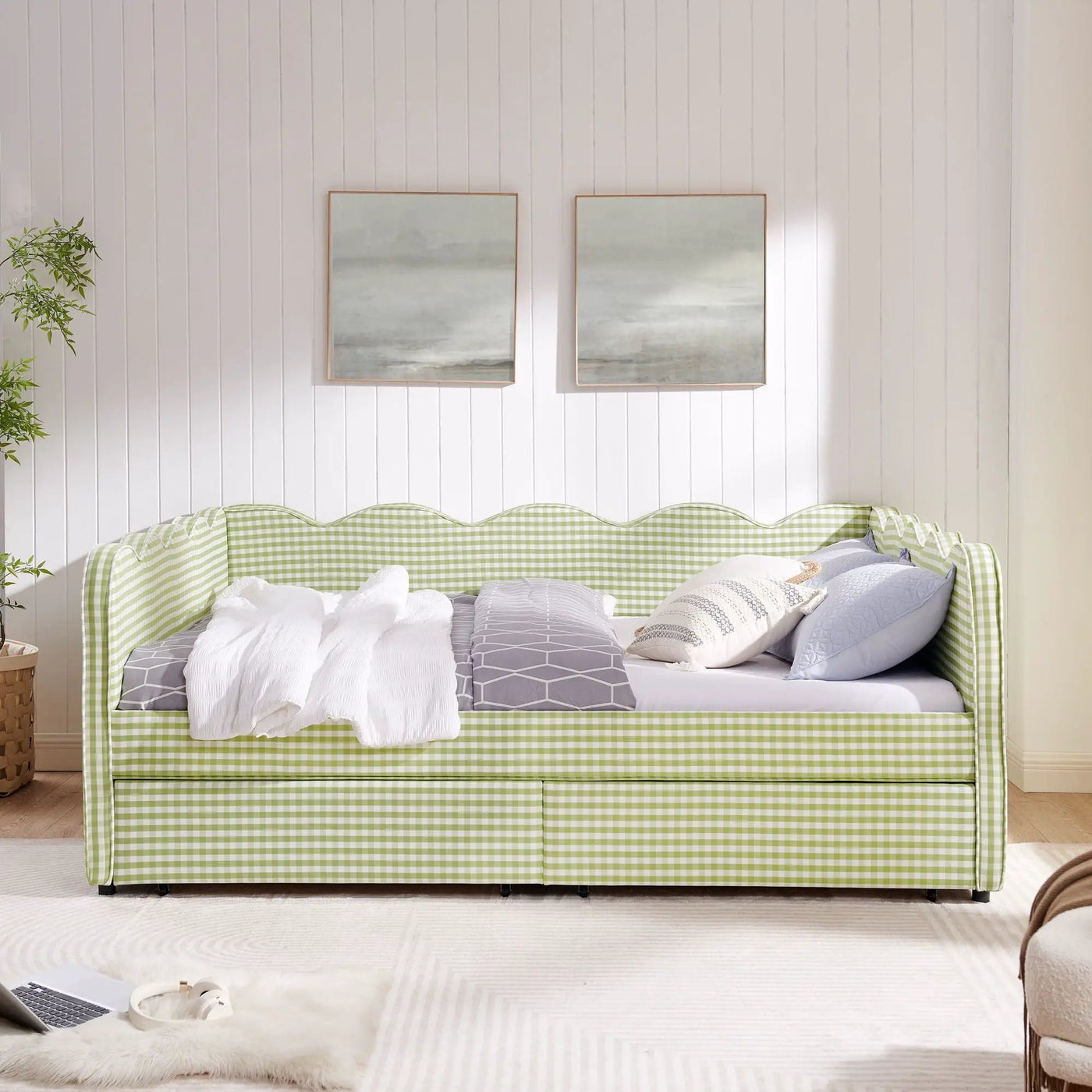 Gingham Daybed With USB Charging Port, Wave-Shaped Design by HouseOfZazla