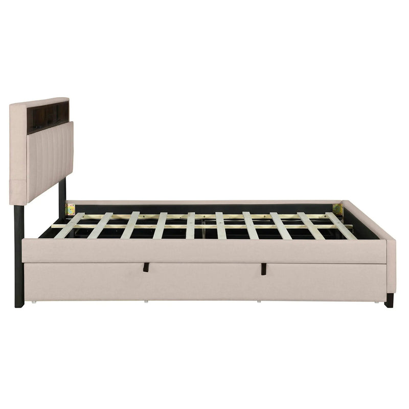 Upholstered Platform Bed With Storage Headboard, Trundle & 2 Drawers And A Set Of Sockets & USB Ports by HouseOfZazla
