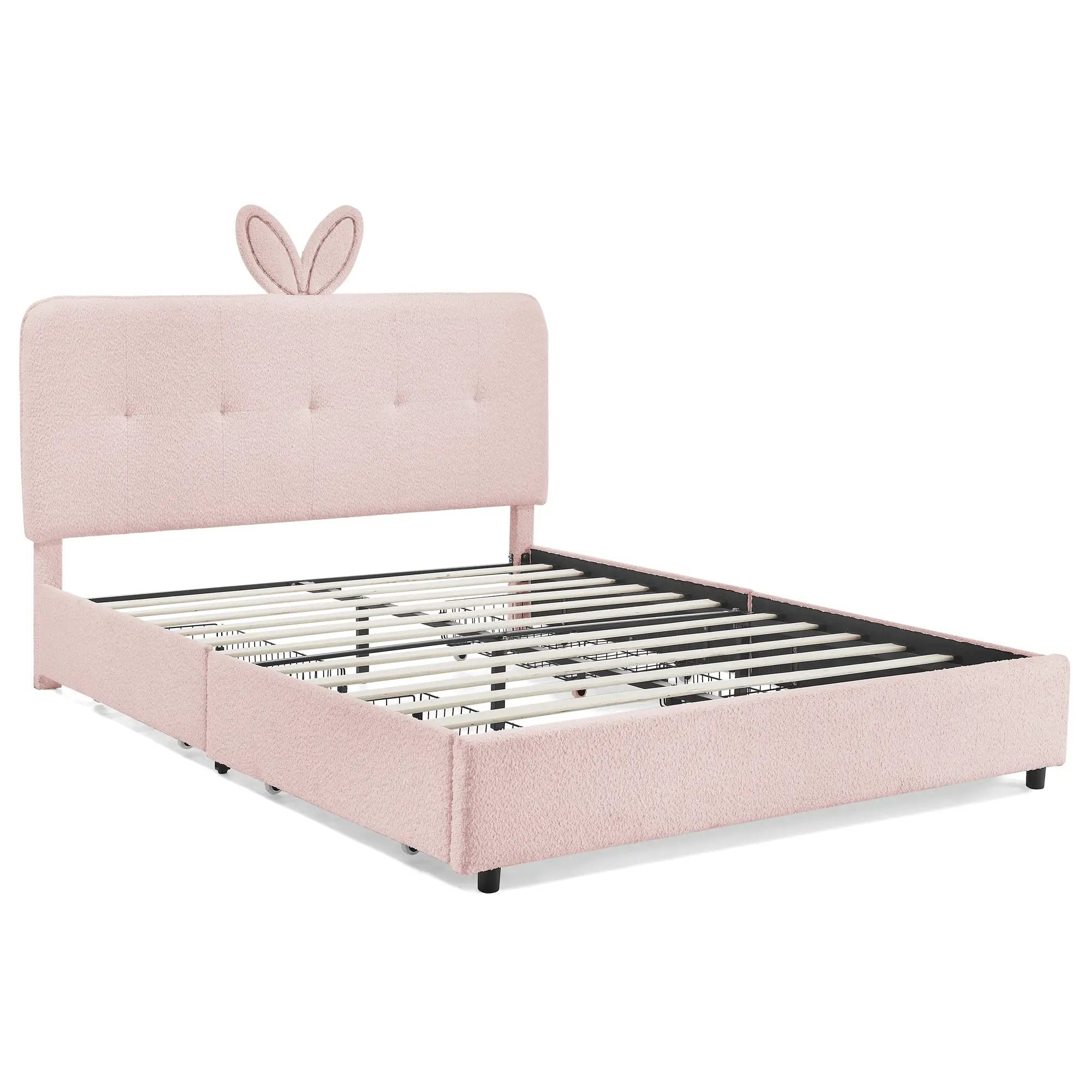 Queen Size Kids Upholstered Bed with Rabbit Ear Headboard & Storage by HouseOfZazla