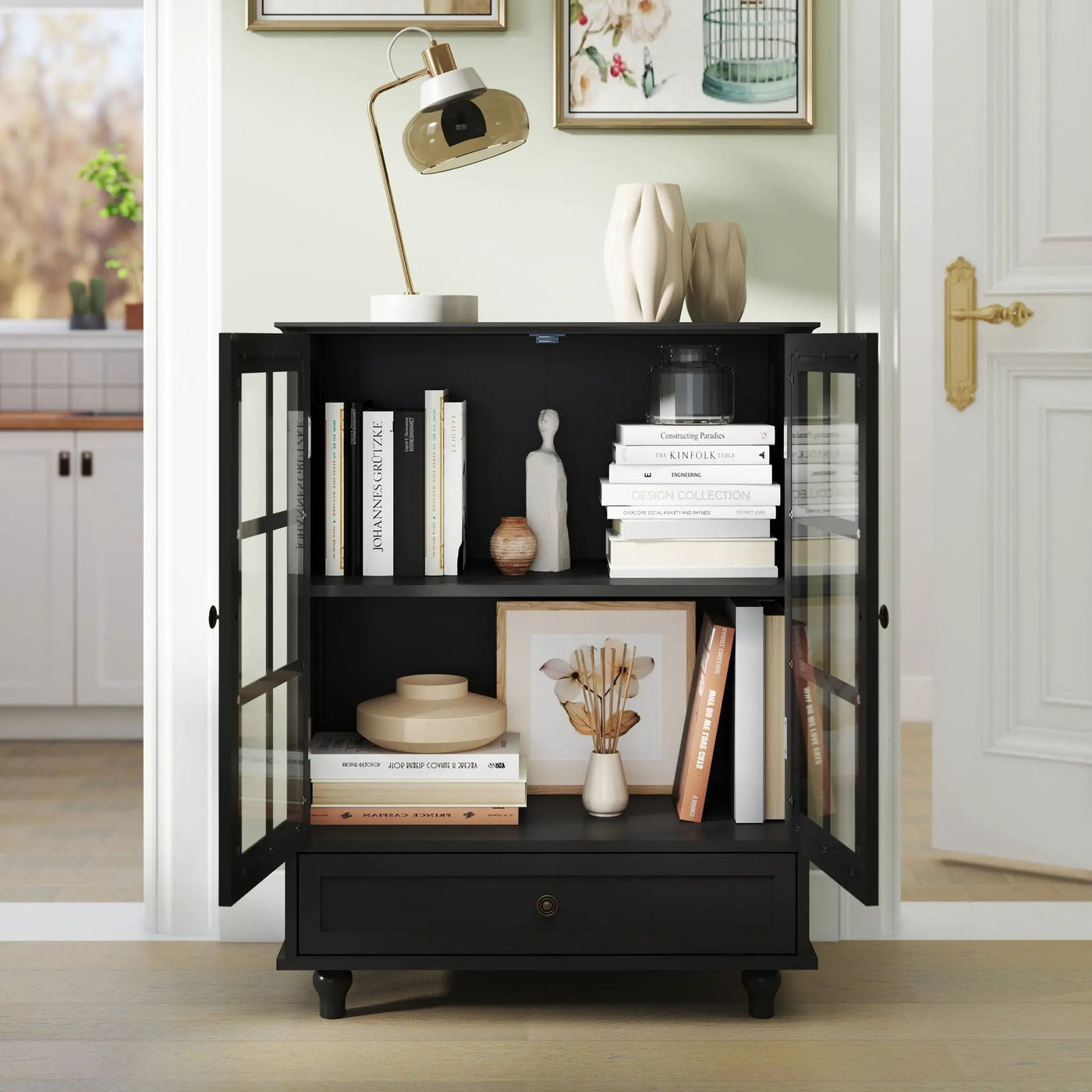 Minimalist Buffet Cabinet With Double Glass Doors And Drawer by HouseOfZazla