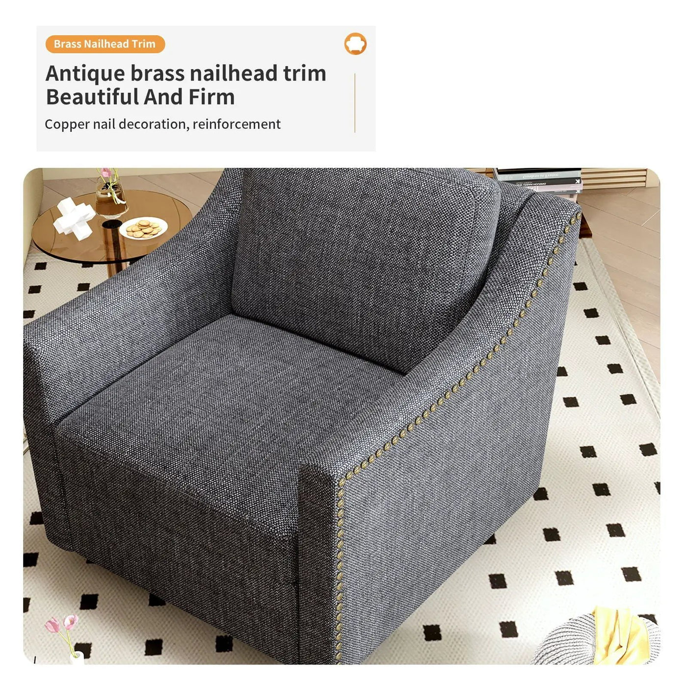 360 Degree Swivel Armchair, Skin Friendly Fabric, Ergonomic Design, Brass Nail Decorative Armchair by HouseOfZazla