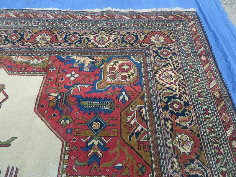 Persian Tabriz Rug 10x13 Oriental Carpet, Ivory Open Field, Geometric Medallion, Red Blue, Hand Knotted, Large Wool Area Rug Vintage Antique 1950s by Jewel Rugs