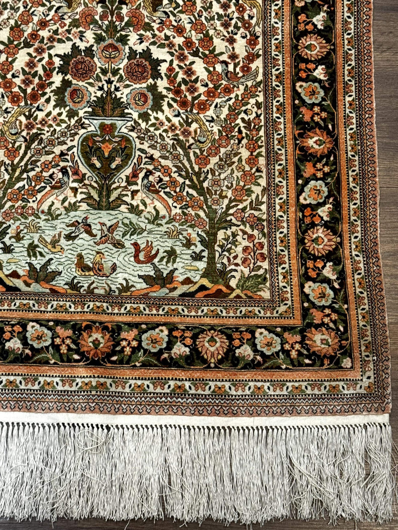 Exceptional Silk Rug 2.6 x 4, Very Fine 630 KPSI, Persian Vase Tree of Life Bird Pictorials, Handmade by Jewel Rugs