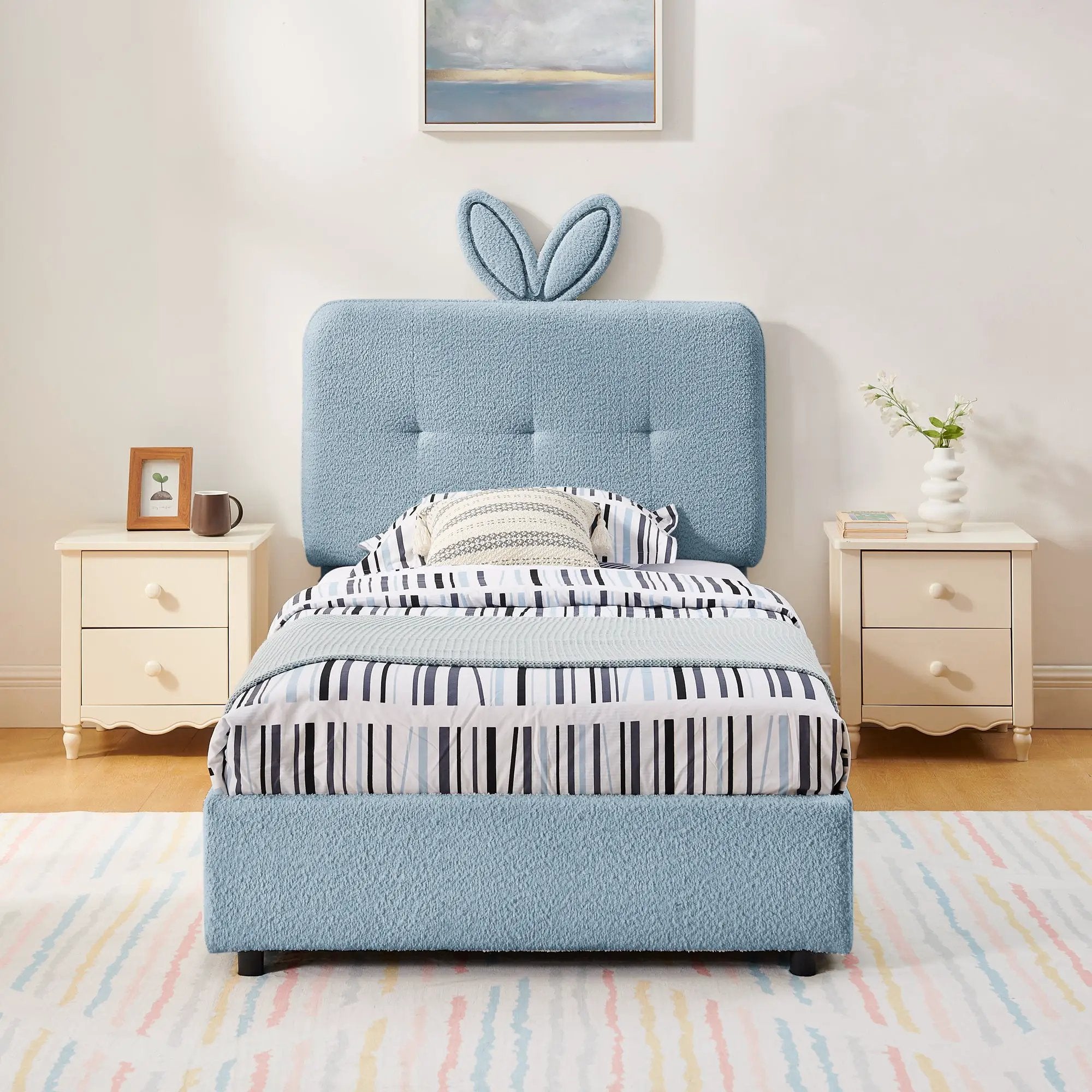 Twin Size Kids Upholstered Bed with Oversized Rabbit Ear Headboard by HouseOfZazla