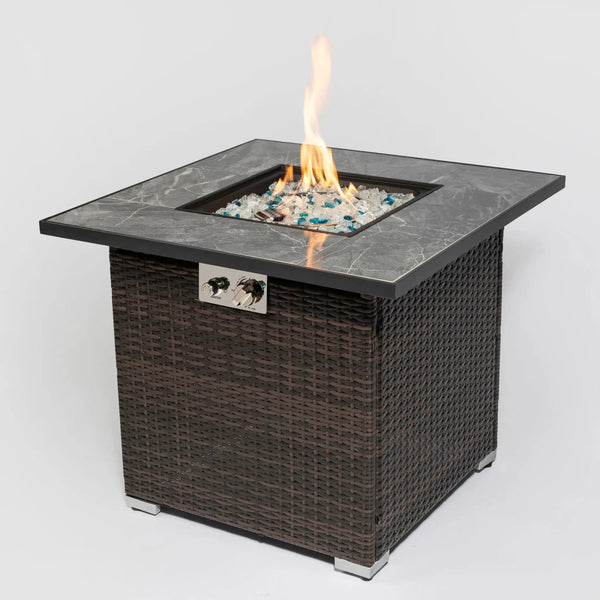 Outdoor Propane Gas Fire Pit Table With Lid With Glass Rocks And Rain Cover - Espresso
