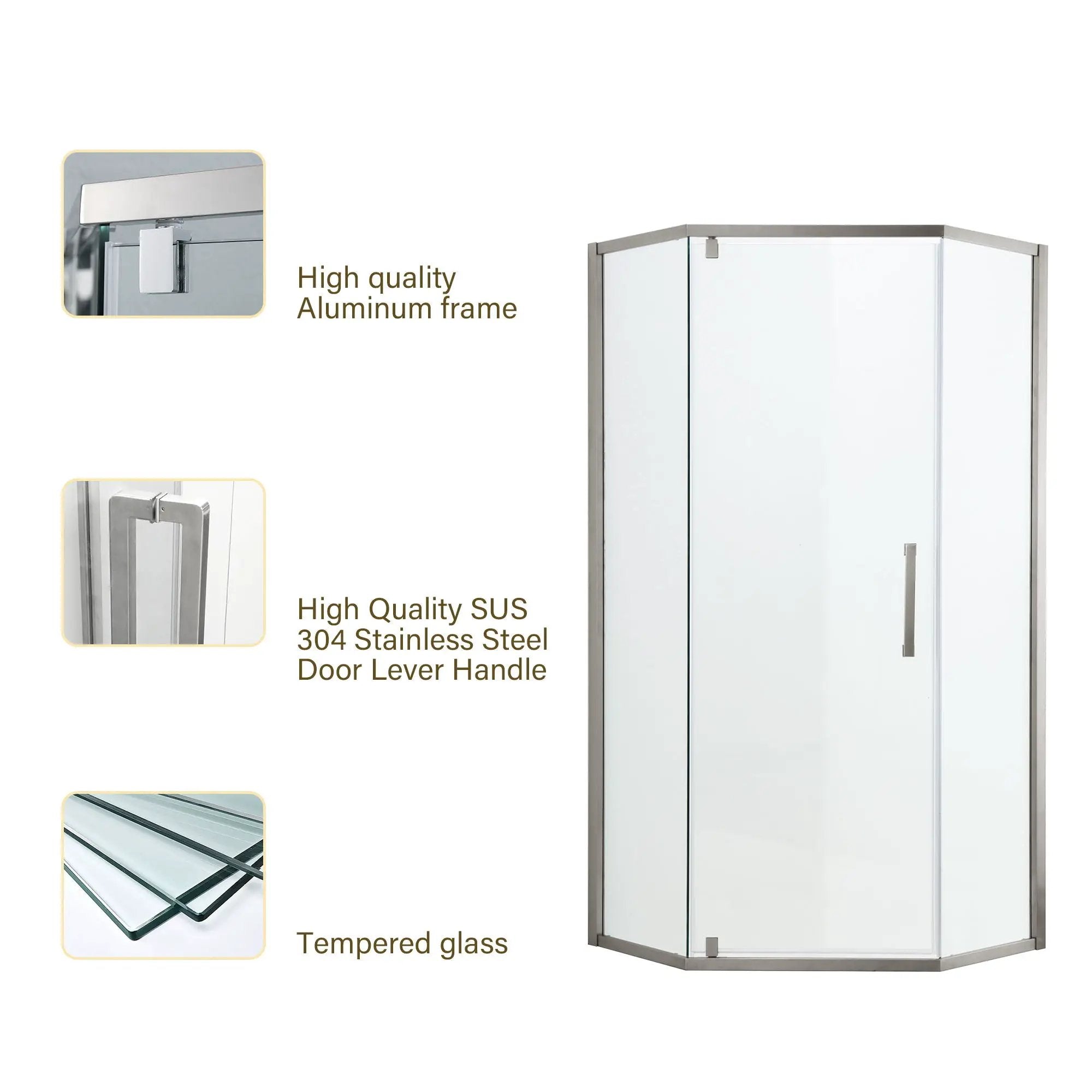 Diamond Shaped Corner Shower Door, Inward Sliding, Stainless Steel Frame by HouseOfZazla