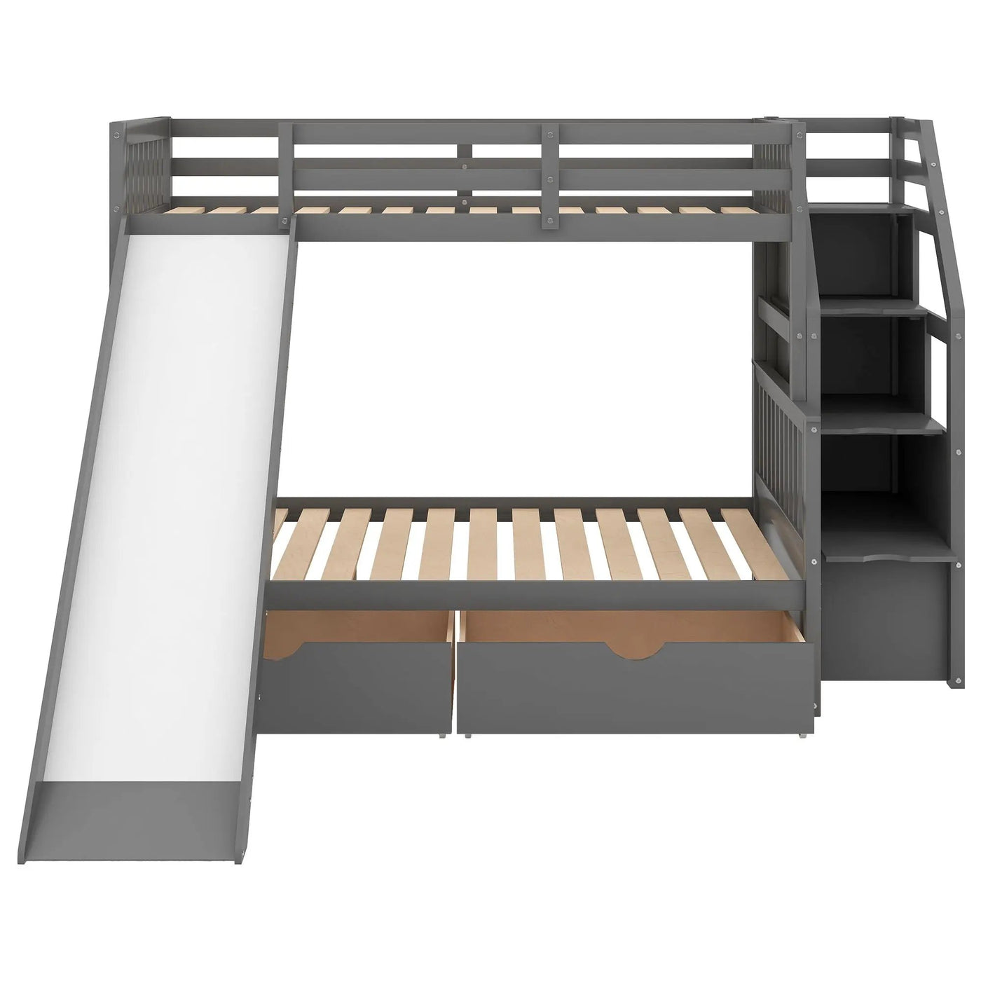 Bunk Bed With Storage Staircase, Slide, Desk, Drawers, And Shelves by HouseOfZazla