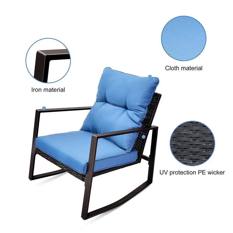 3 Pieces Patio Bistro Set Outdoor Rocking Chair with Blue Cushion for Yard Garden Poolside by HouseOfZazla