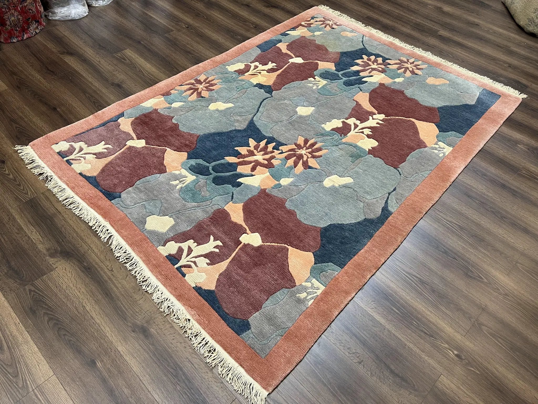 Modern Tibetan Rug 5.7 x 7.9, Abstract Multicolor Flower Pattern, Navy Blue Maroon Salmon, Soft Wool, Hand Knotted Contemporary Carpet 6x8 by Jewel Rugs