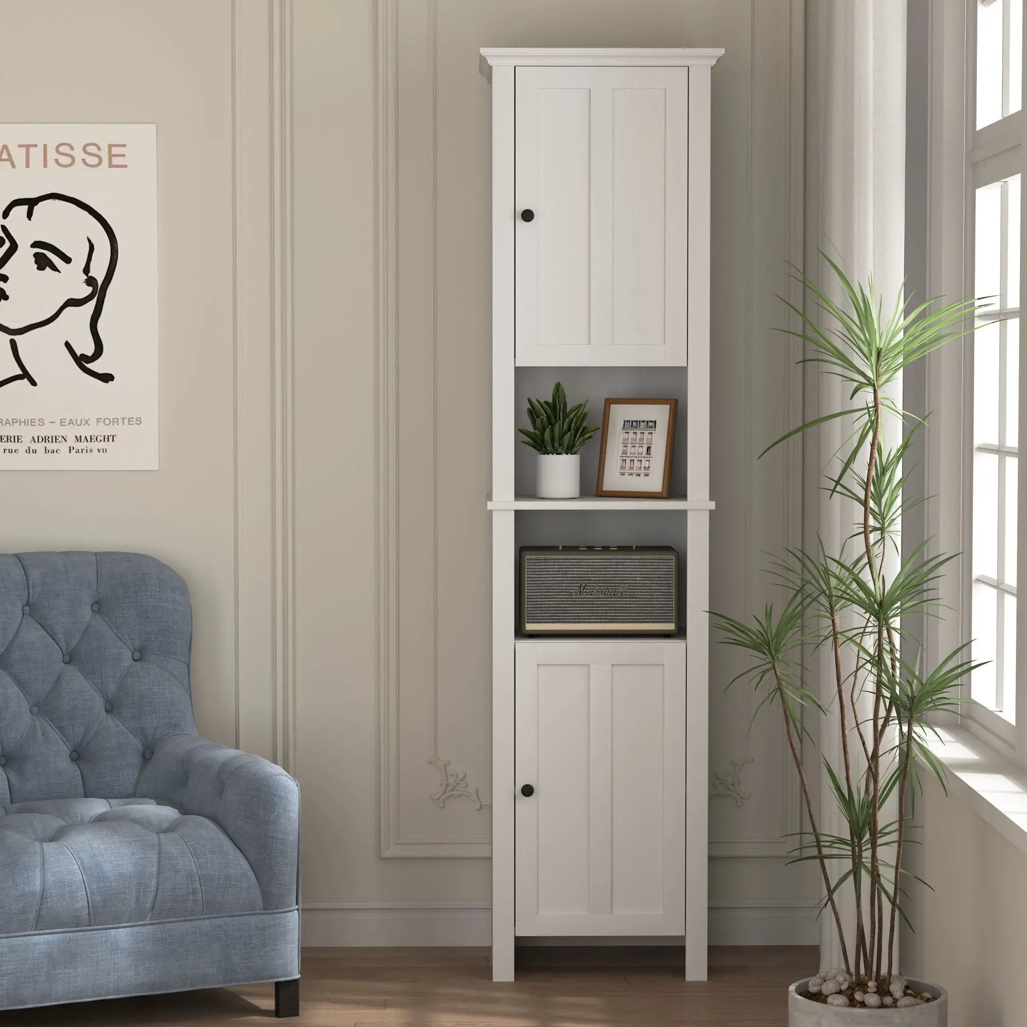 Wooden Bathroom Floor Storage Cabinet With 2 Doors And 6 Shelves - White by HouseOfZazla