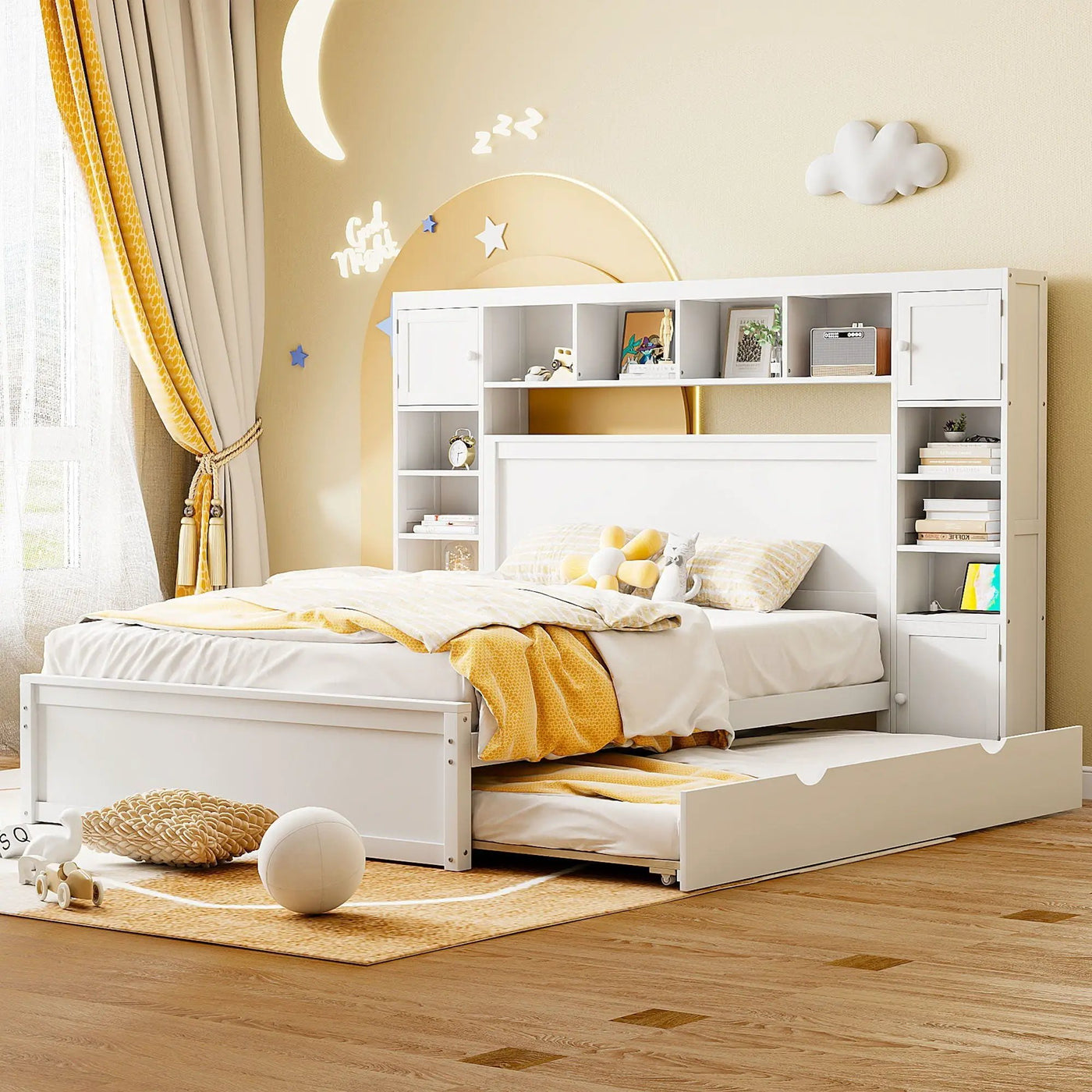 Bed With All In One Cabinet, Shelf And Sockets, Twin Long Trundle by HouseOfZazla