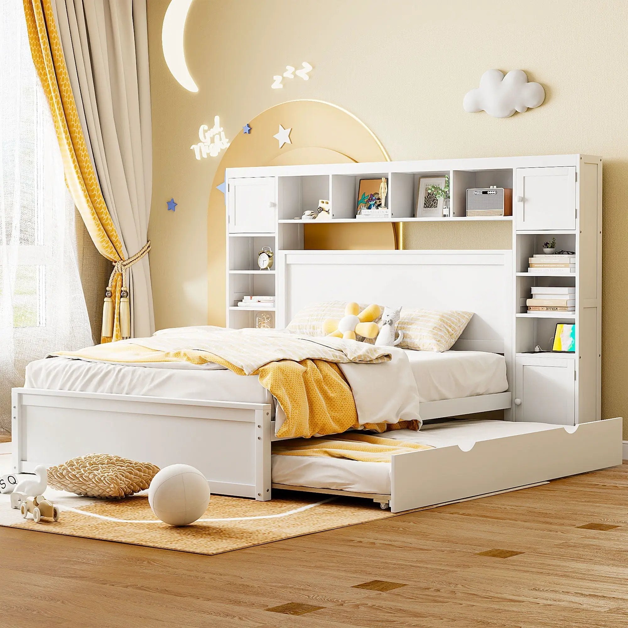 Bed With All In One Cabinet, Shelf And Sockets, Twin Long Trundle by HouseOfZazla