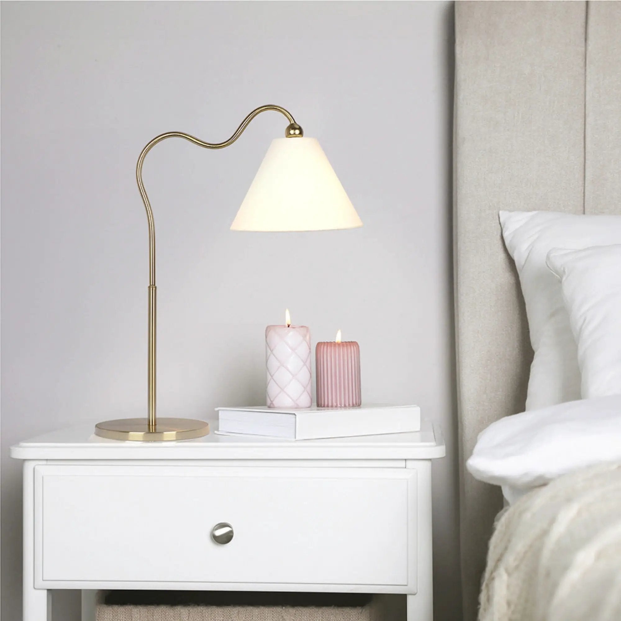 Ornate - Ring Base Curved Table Lamp With Triangle Drum Shade - Gold / White by HouseOfZazla