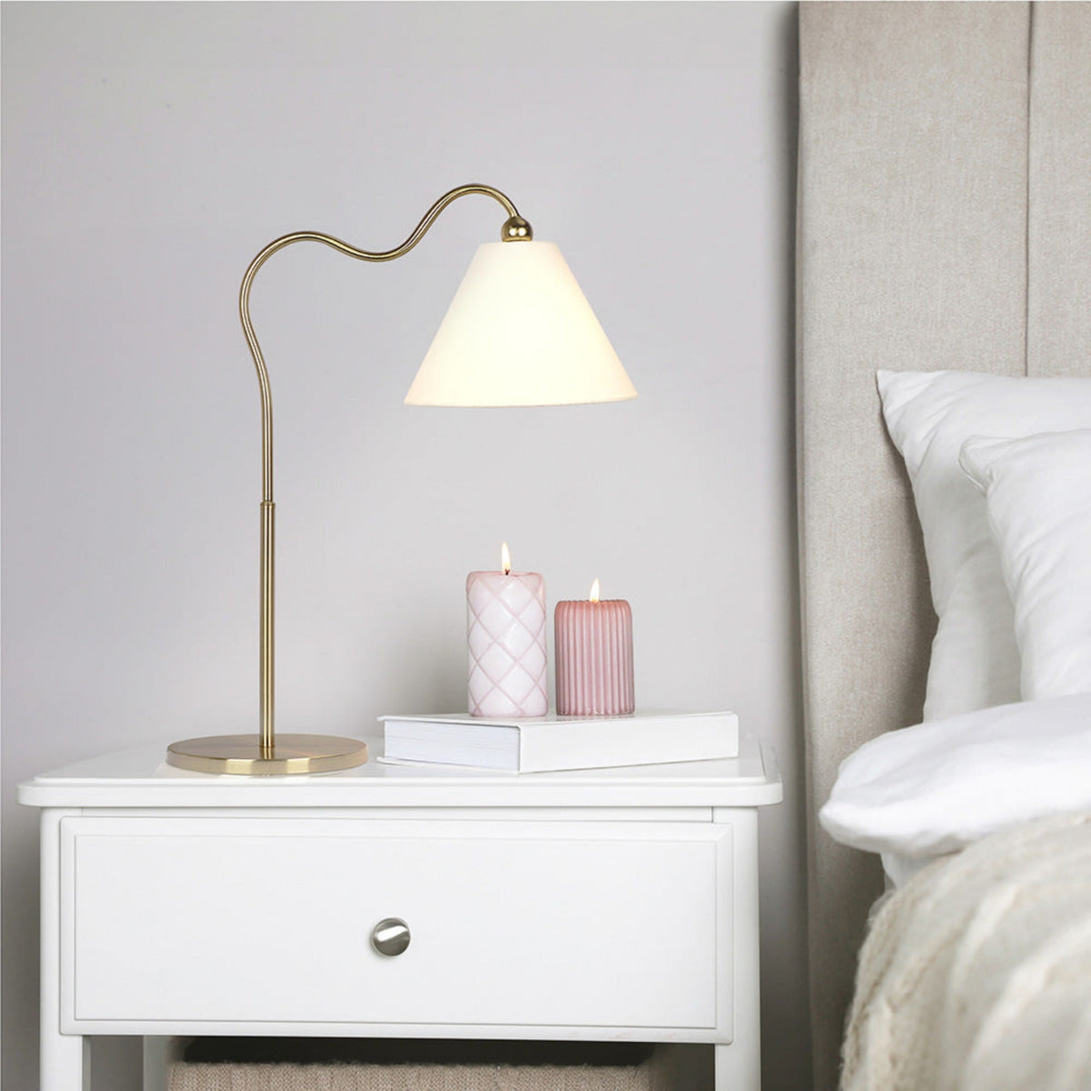 Ornate Ring Base Curved Table Lamp with Triangle Drum Shade - Gold / White, photo 4 of 8