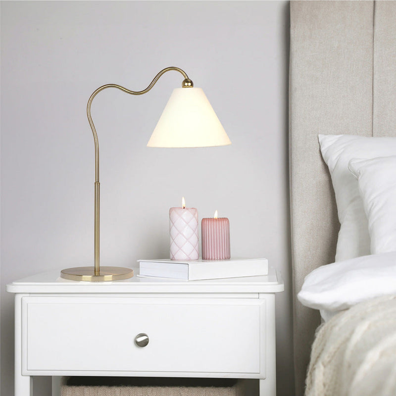 Ornate Ring Base Curved Table Lamp with Triangle Drum Shade - Gold / White, photo 4 of 8