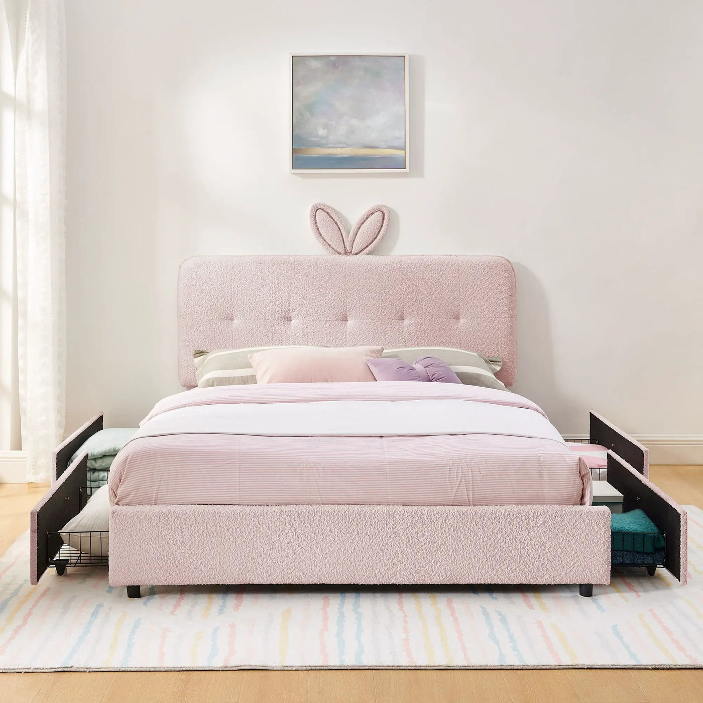 Upholstered Bed With Oversized Rabbit Ear Headboard, LED Lights & 4 Storage Drawers by HouseOfZazla