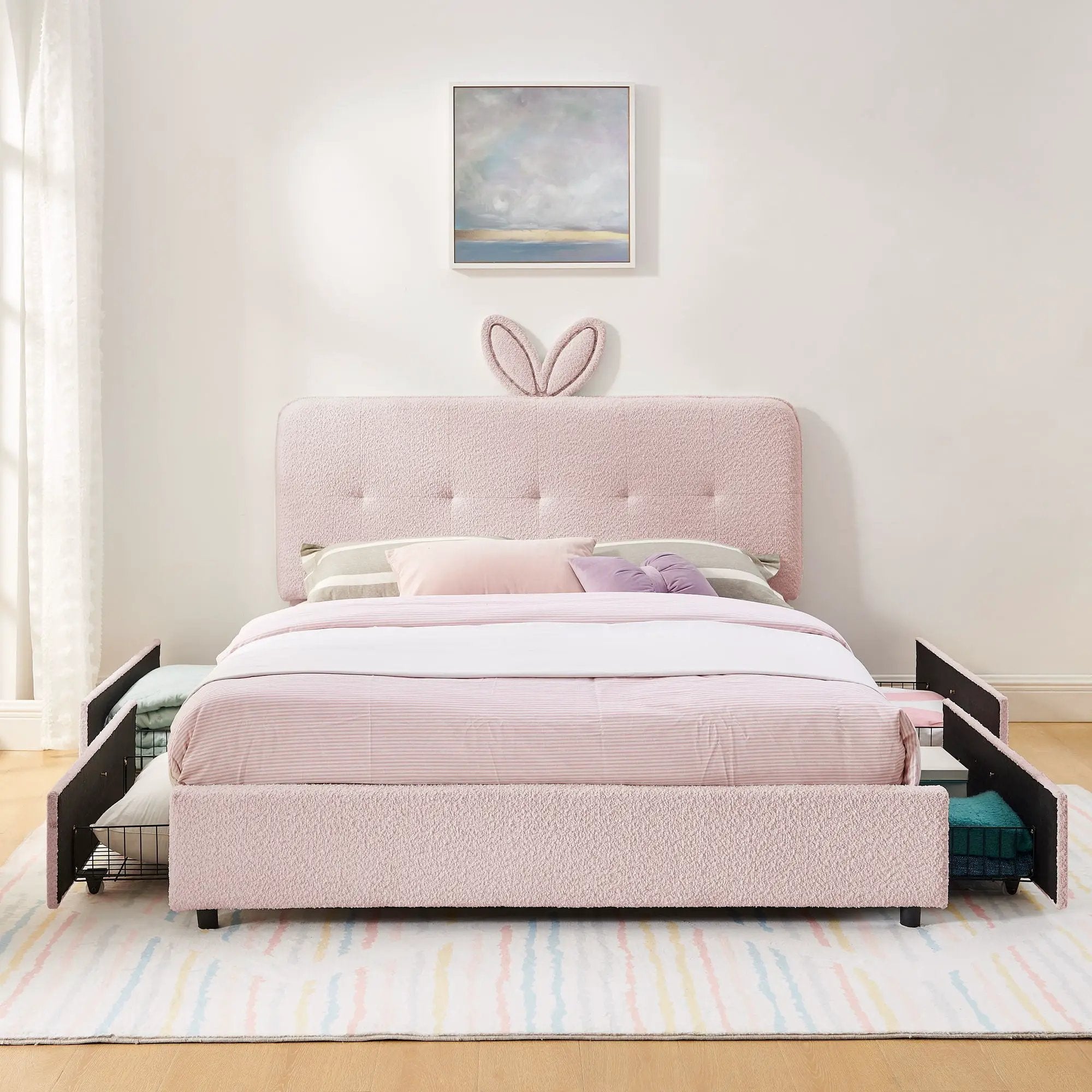 Upholstered Bed With Oversized Rabbit Ear Headboard, LED Lights & 4 Storage Drawers by HouseOfZazla