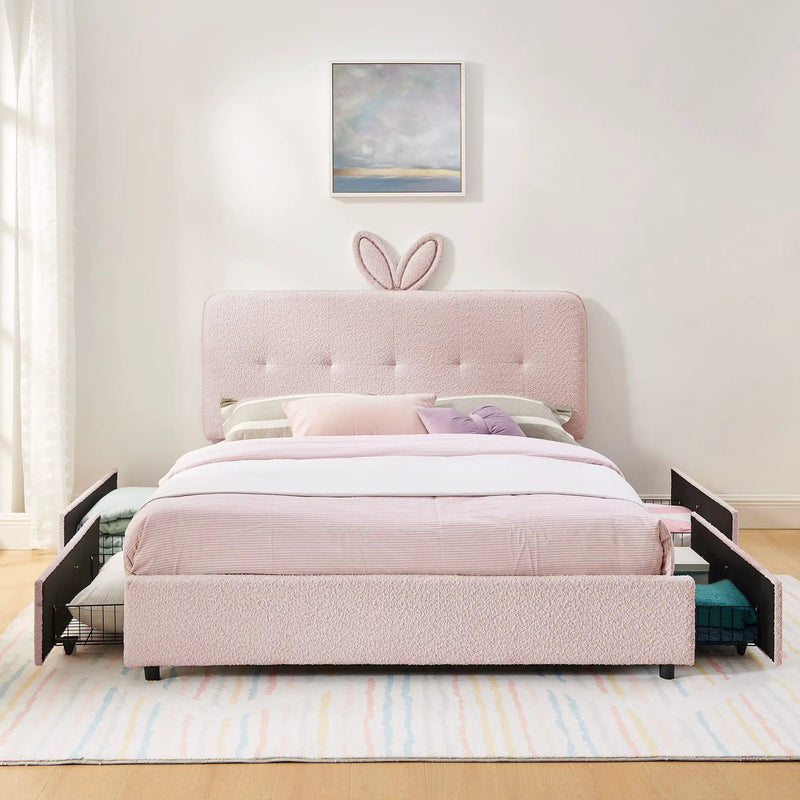 Upholstered Bed With Oversized Rabbit Ear Headboard, LED Lights & 4 Storage Drawers by HouseOfZazla