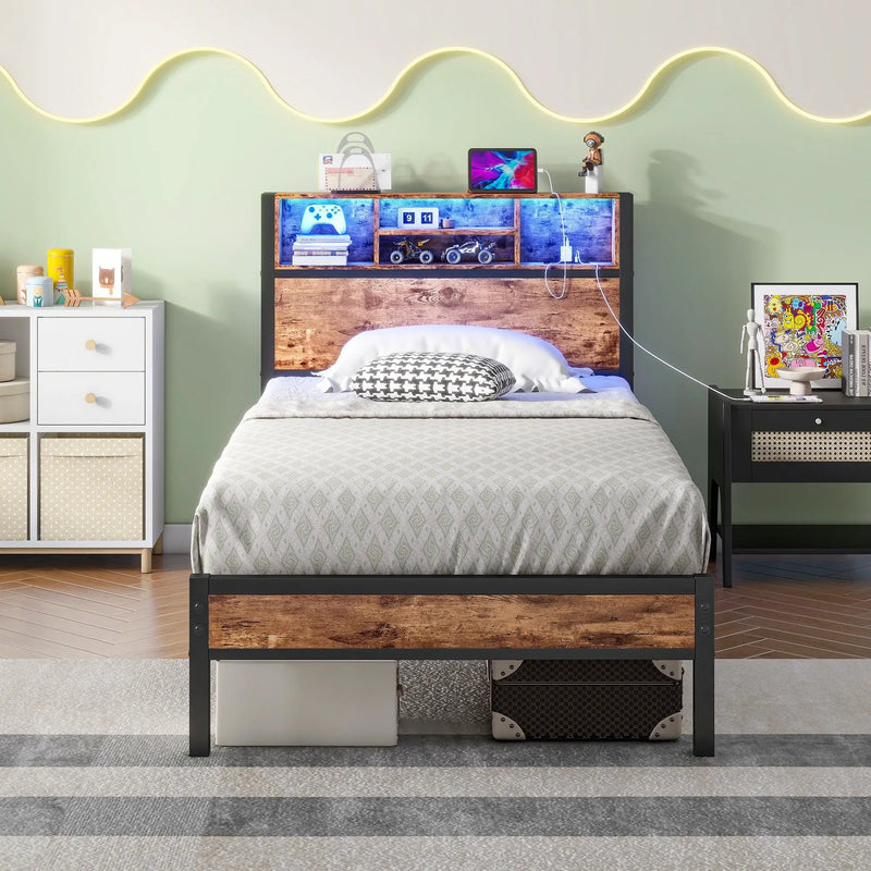 Modern Twin Size Metal Platform Bed Frame With Storage Headboard And Charging Station - Brown by HouseOfZazla