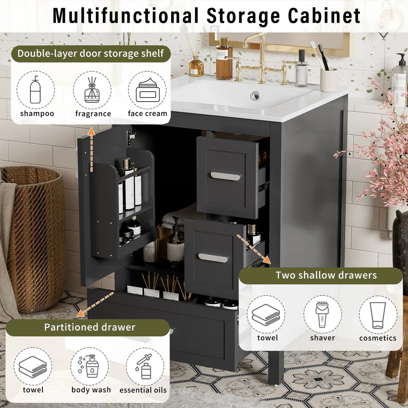 Bathroom Vanity With Sink, Soft-Close Doors, Double-Layer Shelf And 3 Drawers by Unique Piece Furniture