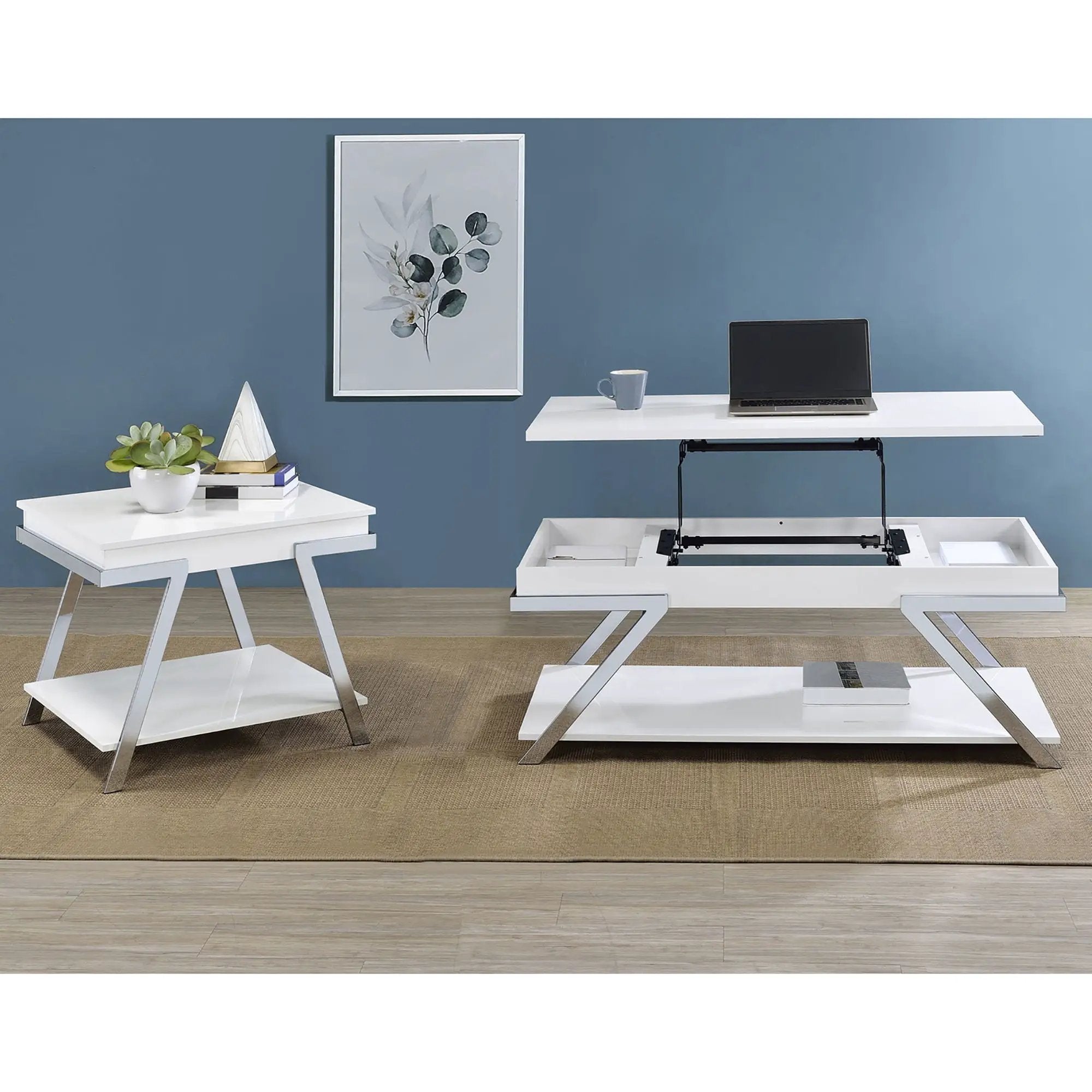 Briana - 2 Piece Coffee And End Table Set With Lift Top Legs - Gloss White by HouseOfZazla