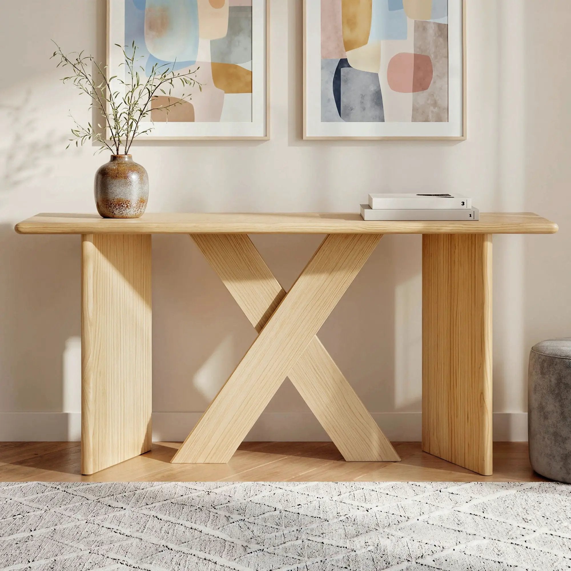 X-Frame Console Table, Angled Cross Leg Design, Rounded Edges - Natural by HouseOfZazla
