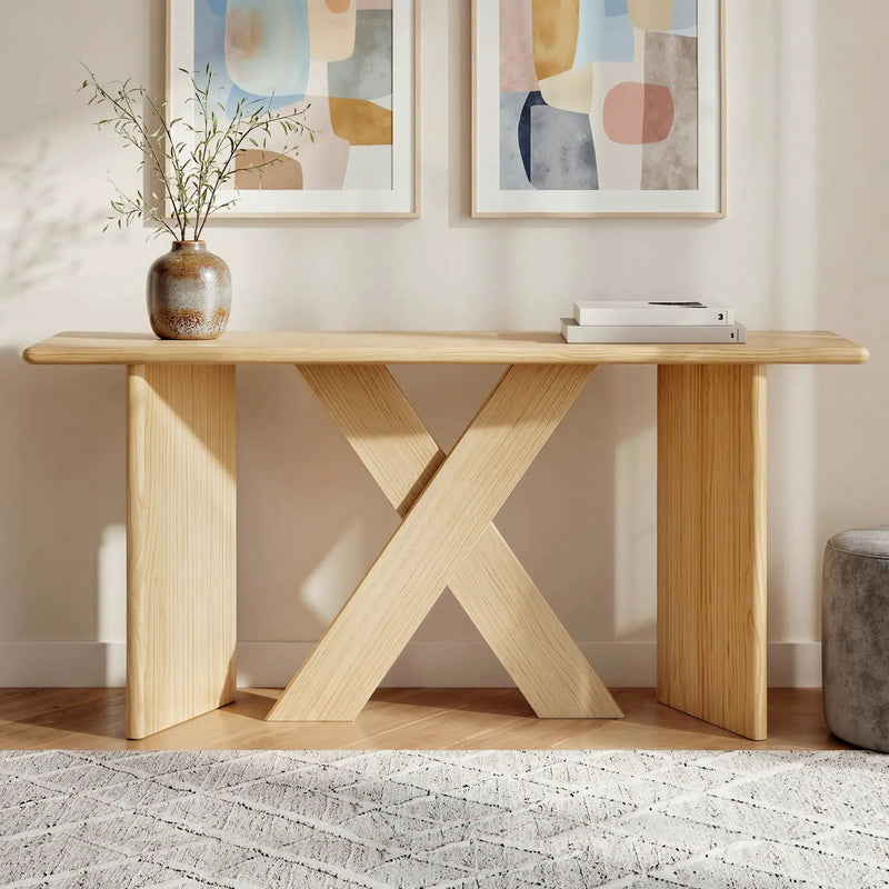 X-Frame Console Table, Angled Cross Leg Design, Rounded Edges - Natural by HouseOfZazla