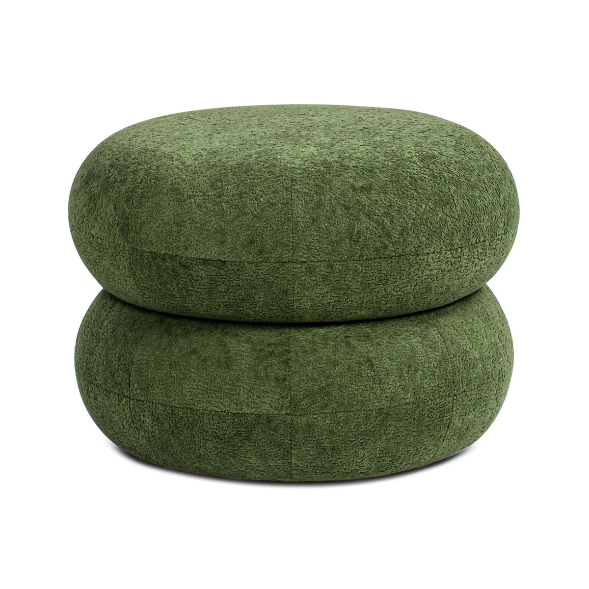 Dark Green Low Round Upholstered Ottoman with Stacked Pouf Design