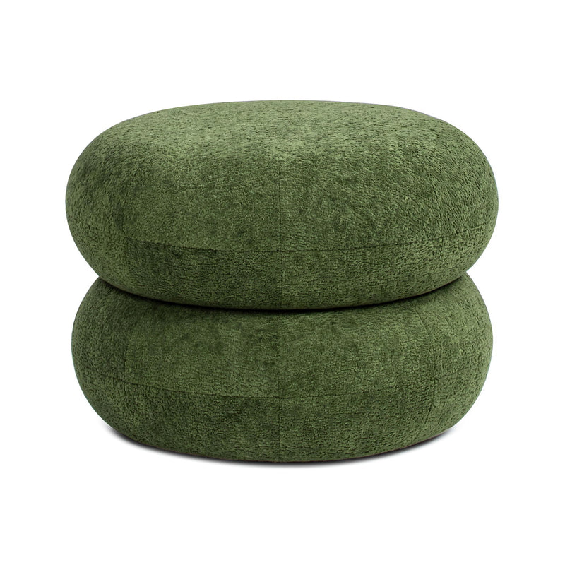 Dark Green Low Round Upholstered Ottoman with Stacked Pouf Design