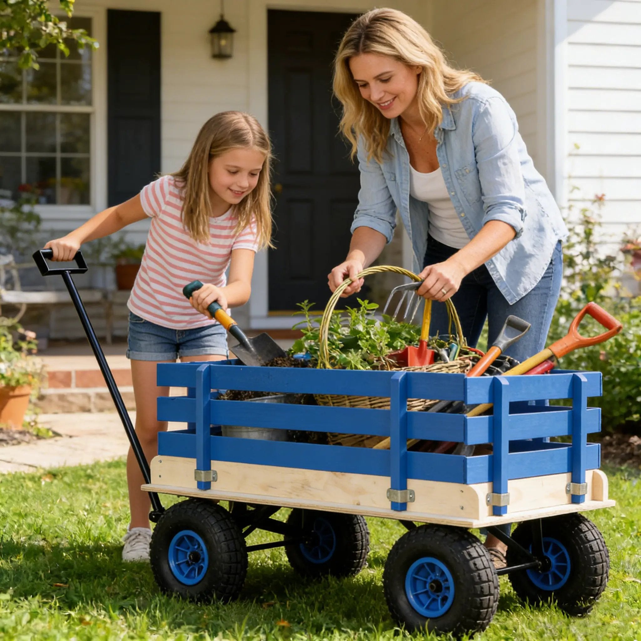 Blue Wooden Kids Pull Wagon with Removable Side Rails & All Terrain Wheels by HouseOfZazla