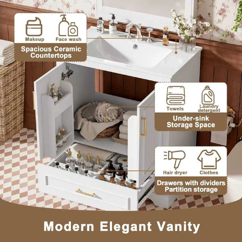 Bathroom Vanity With Sink, 1 Divided Drawer And 2 Soft Close Doors With Double Shelf by Unique Piece Furniture