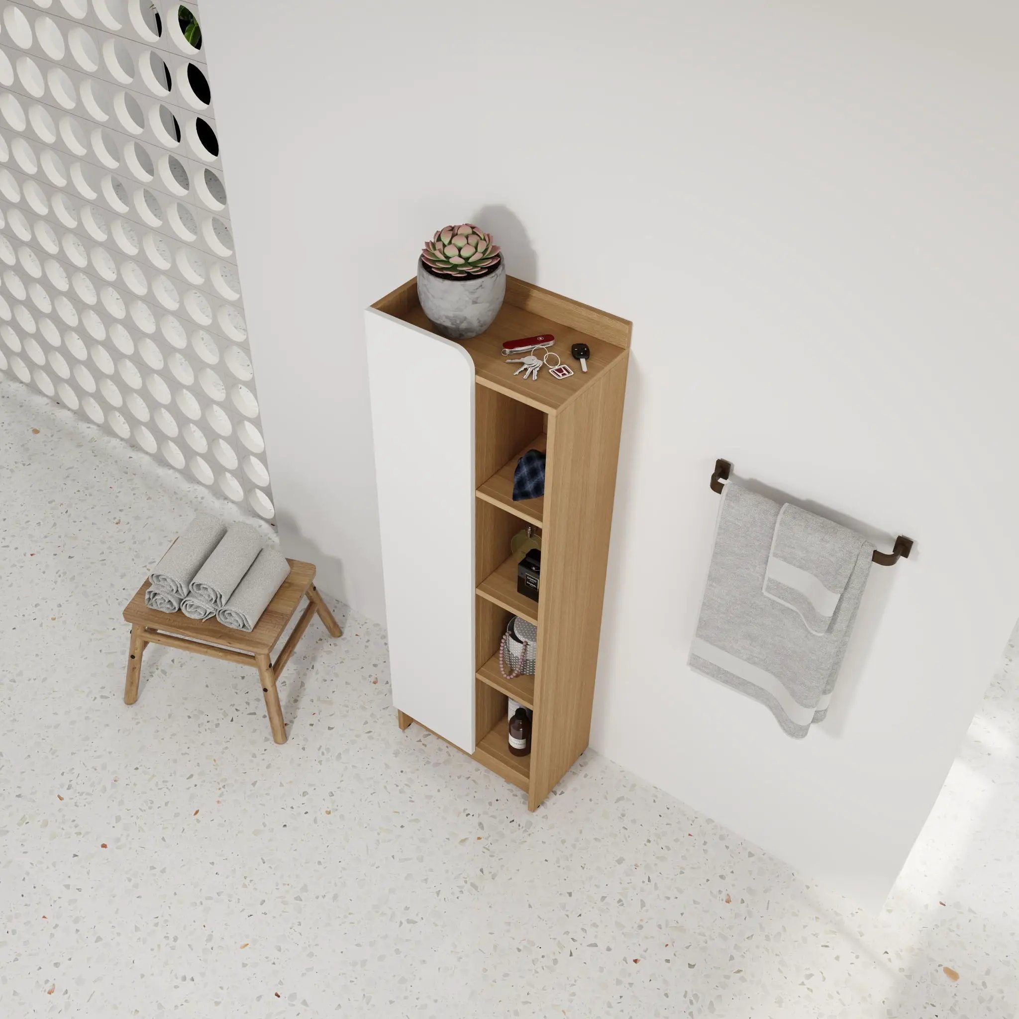 Tall Freestanding Bathroom Side Cabinet With Single Door & 4 Tier Open Shelves - Black / Light Oak / White by HouseOfZazla