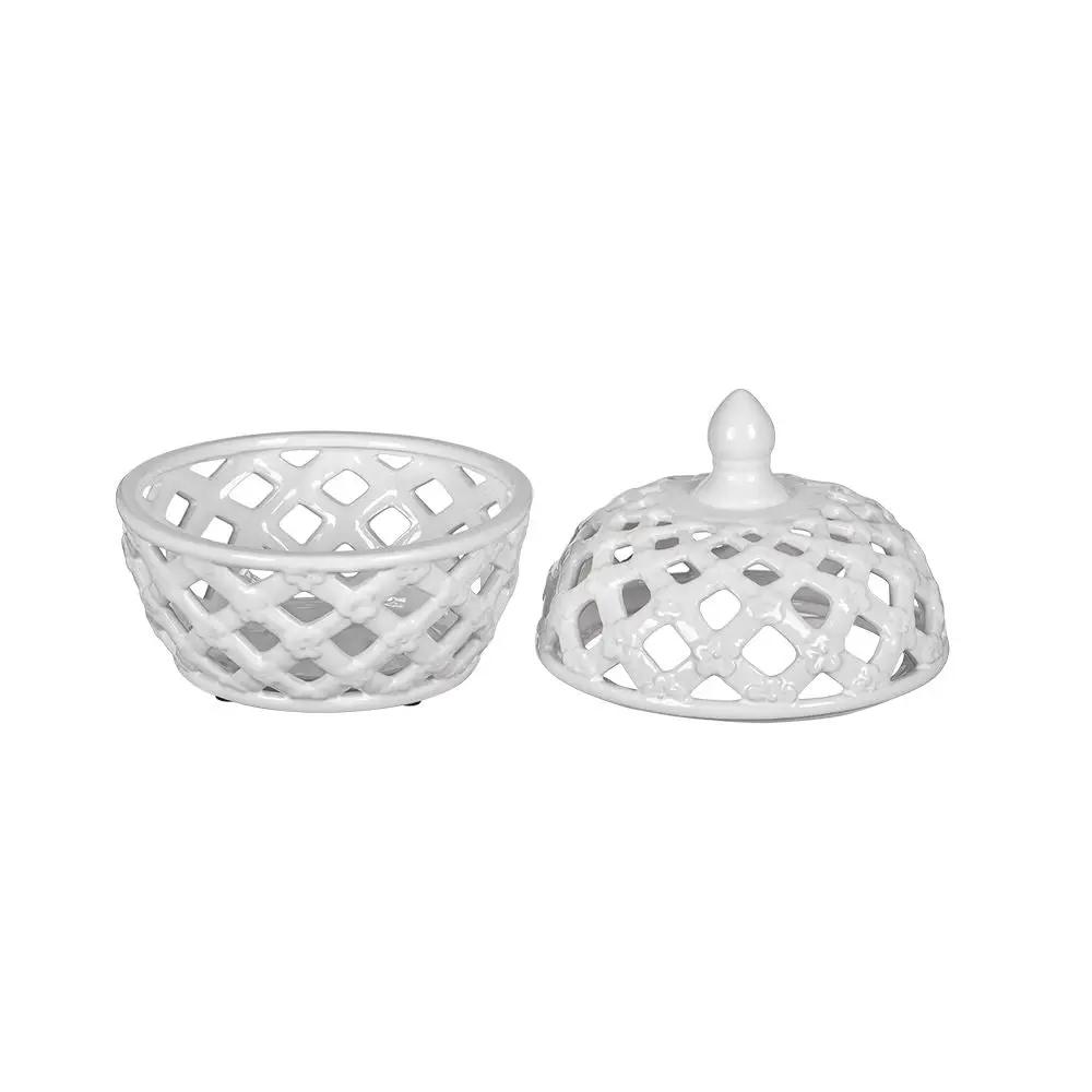 Ceramic Lidded Jar With Lattice Design - White by HouseOfZazla