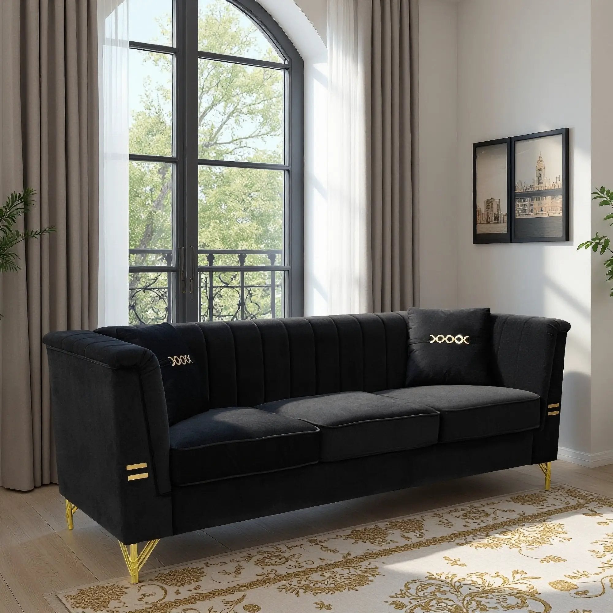 FX-P82-BK2 Modern Velvet 3-Seater Sofa with 2 Pillows by HouseOfZazla