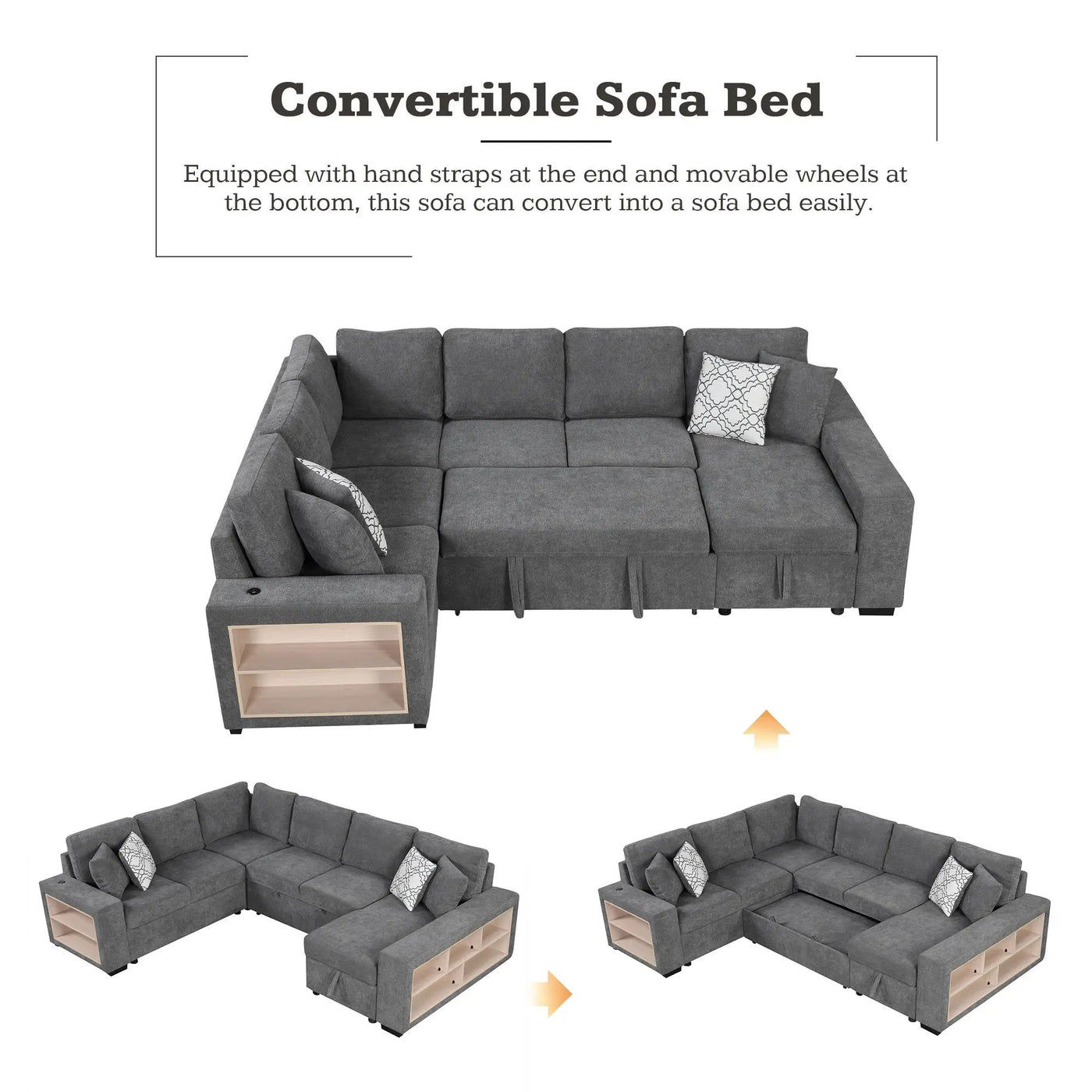 U-Shaped Sectional Sofa Pull-Out Sofa Bed With Two USB Ports, A Storage Chaise Lounge And Four Back Pillows For Living Room by Unique Piece Furniture