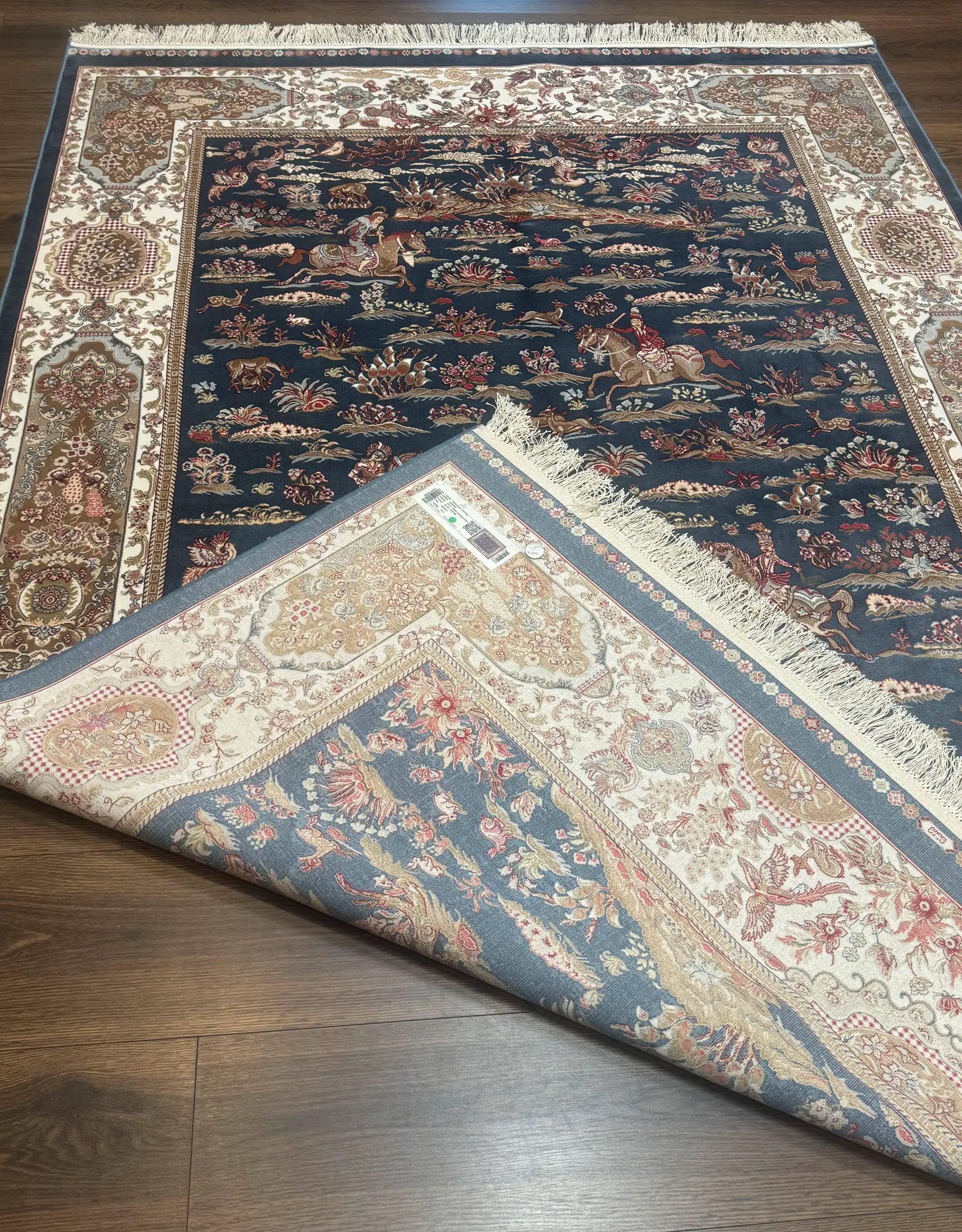 Turkish Silk Rug 5x8, Hunting Design, Animal Pictorials, Steel Blue & Ivory, Bamboo Silk by Jewel Rugs