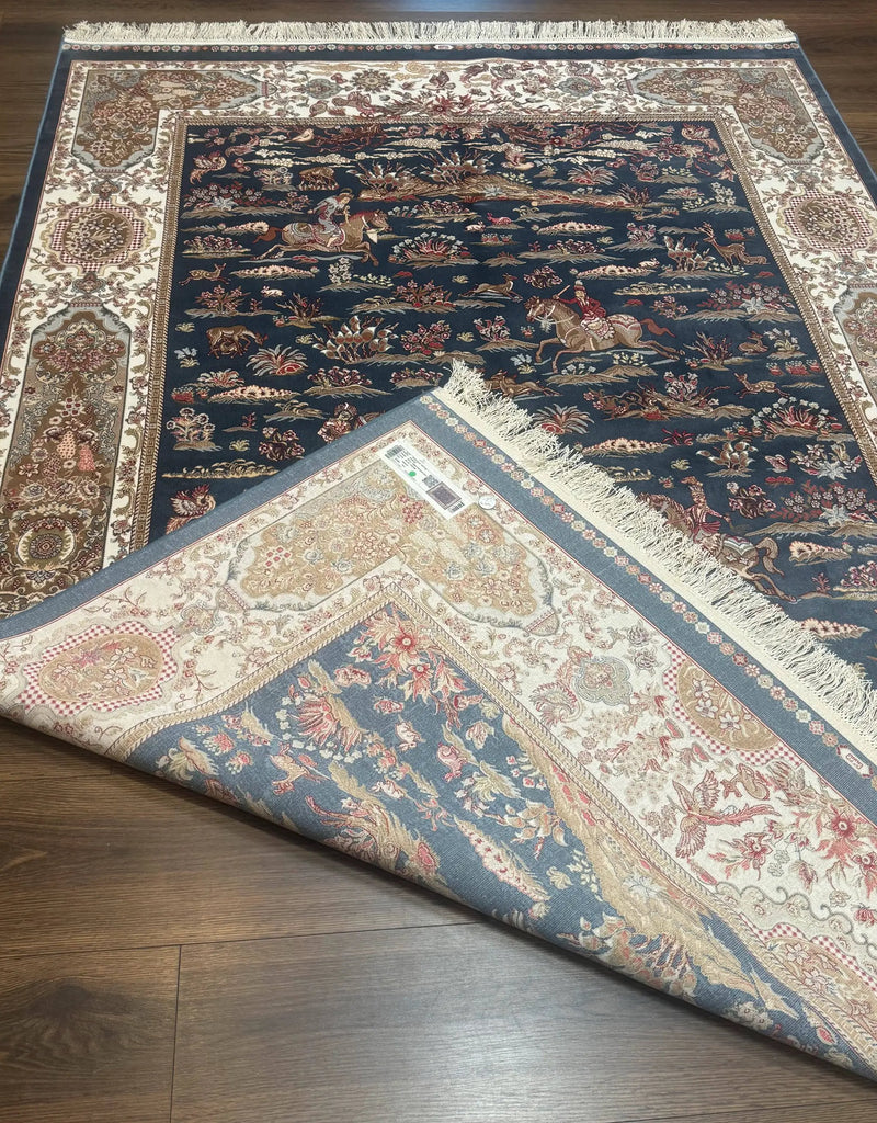 Turkish Silk Rug 5x8, Hunting Design, Animal Pictorials, Steel Blue & Ivory, Bamboo Silk by Jewel Rugs