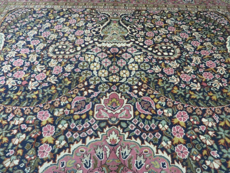 Turkish Sivas Rug 7x11, Navy Blue & Pink, Millifluer Floral Wool Carpet, Vintage by Jewel Rugs
