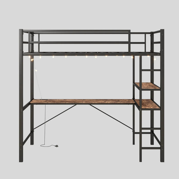 Space Saving Twin Size Loft Bed With L Shaped Desk, Shelves, Charging Station, Led Lights - Brown