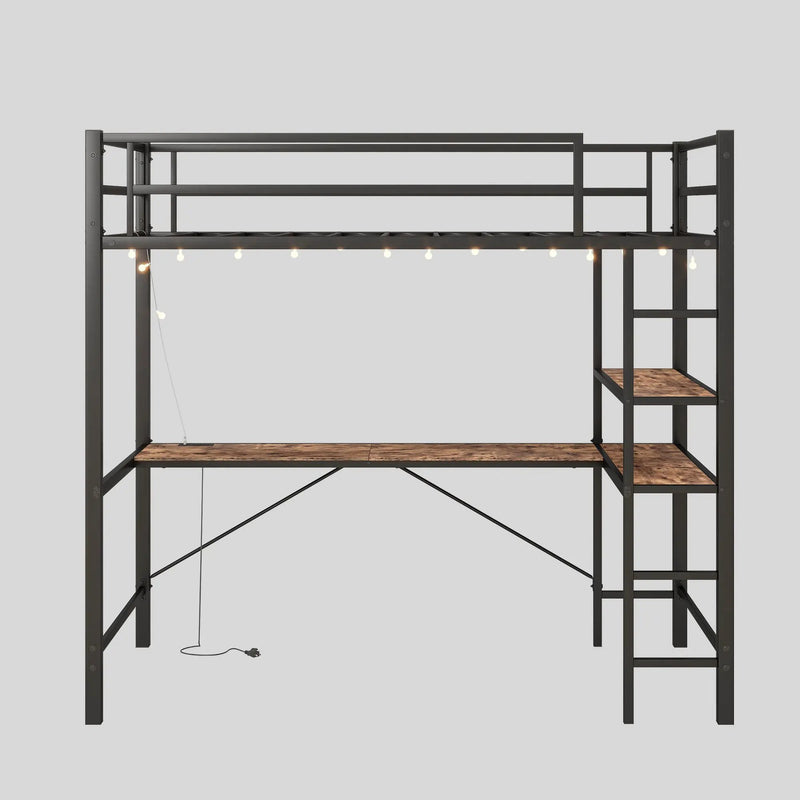 Space Saving Twin Size Loft Bed With L Shaped Desk, Shelves, Charging Station, Led Lights - Brown by HouseOfZazla