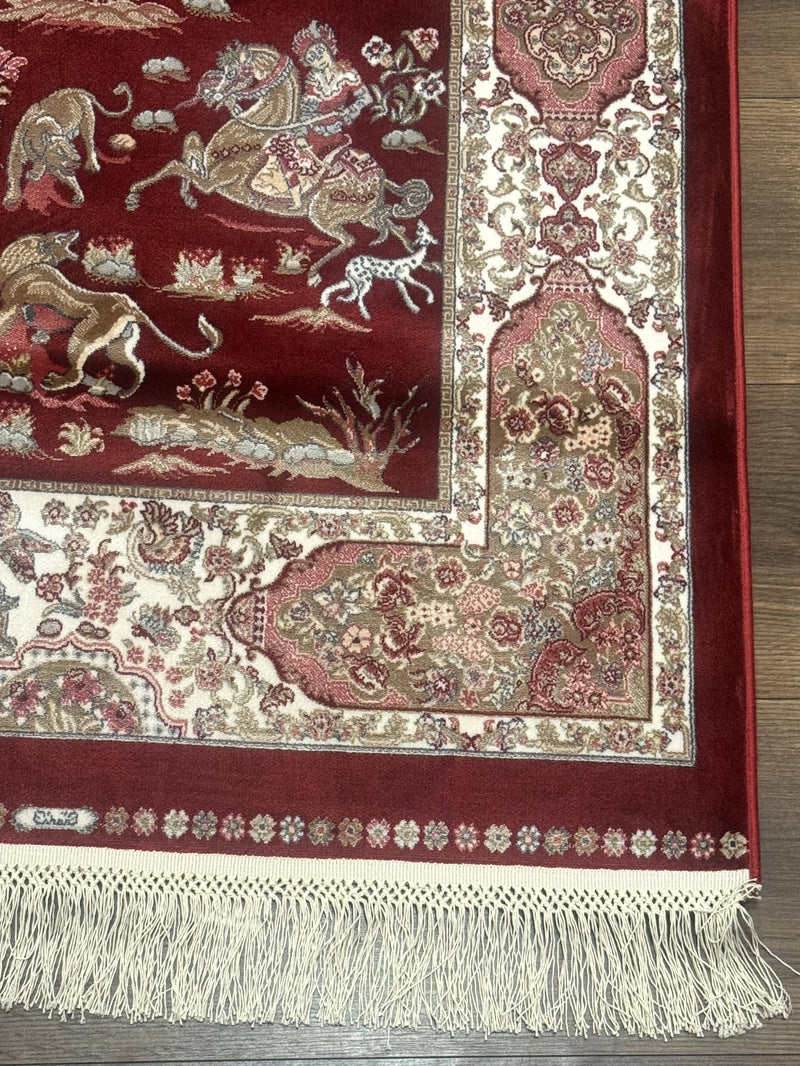 Turkish Silk Rug 2.6 x 6.7, Hunting Design, Short Runner Rug, Red & Ivory, Bamboo Silk, New by Jewel Rugs