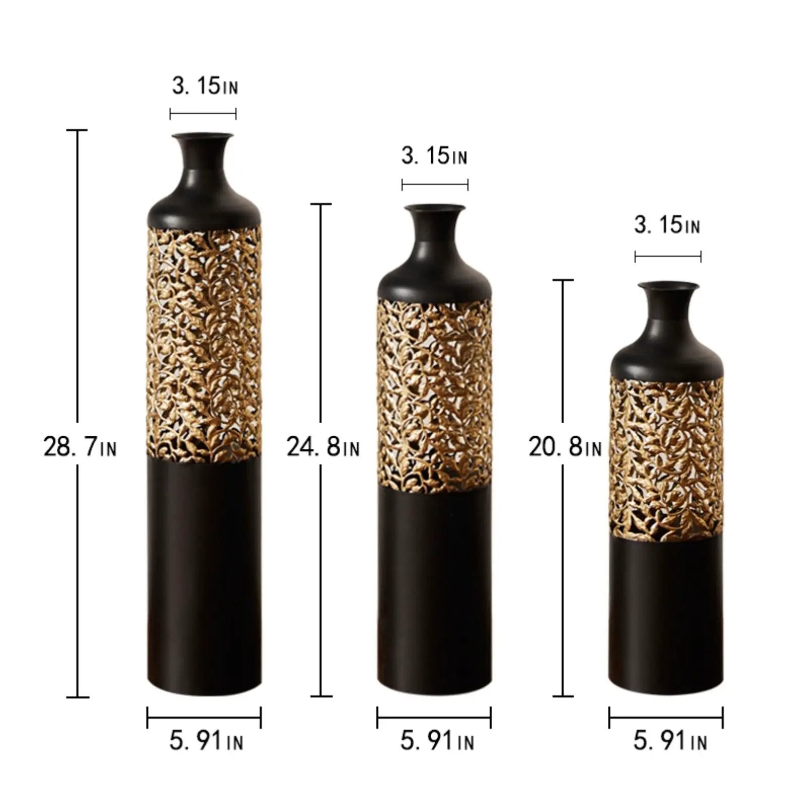 Floor Metal Vases Decorated Metal Vases (Set of 3) Gorgeous Home Decoration Large Glazed Metal Vases - Black / Gold by HouseOfZazla
